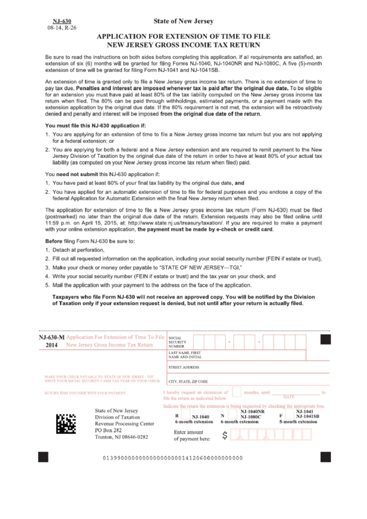 Fillable Form Nj-630 - Application For Extension Of Time To File New Jersey Gross Income Tax Return - 2014 Printable pdf