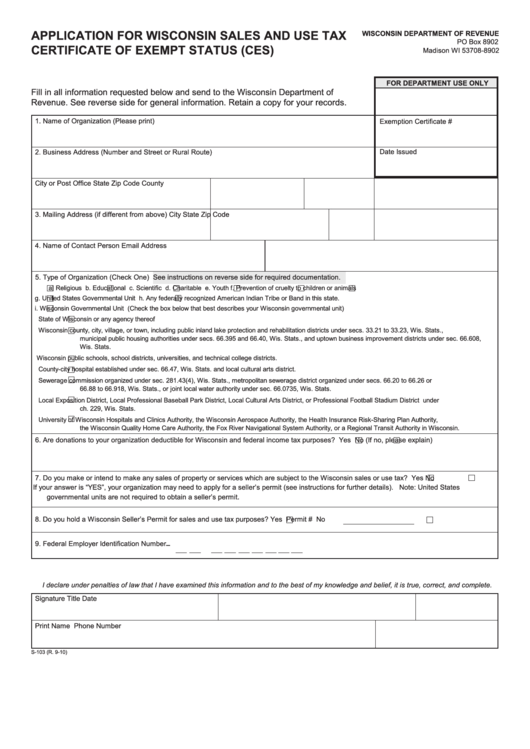 Form S-103 - Application For Wisconsin Sales And Use Tax Certificate Of Exempt Status (Ces) Printable pdf