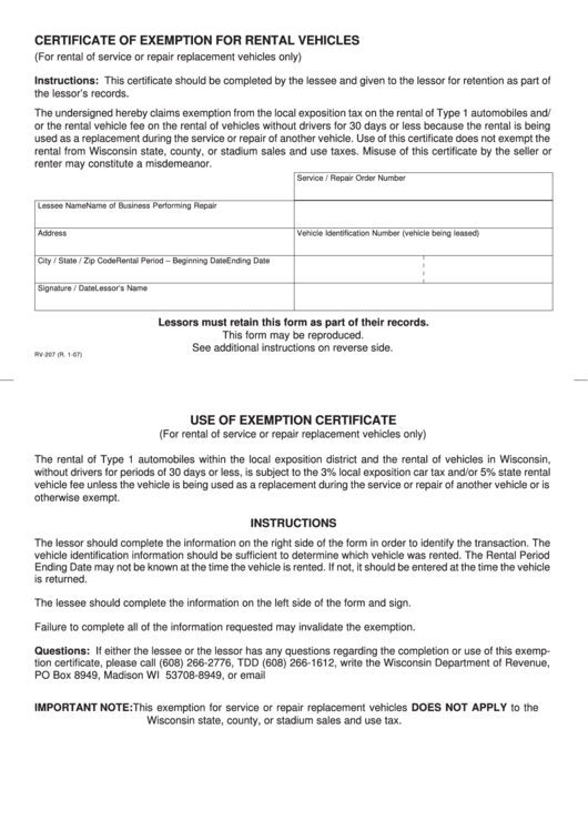 Form Rv-207 - Certificate Of Exemption For Rental Vehicles Printable pdf