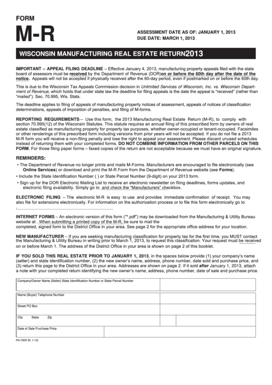 Fillable Form M-R - Wisconsin Manufacturing Real Estate Return - 2013 Printable pdf