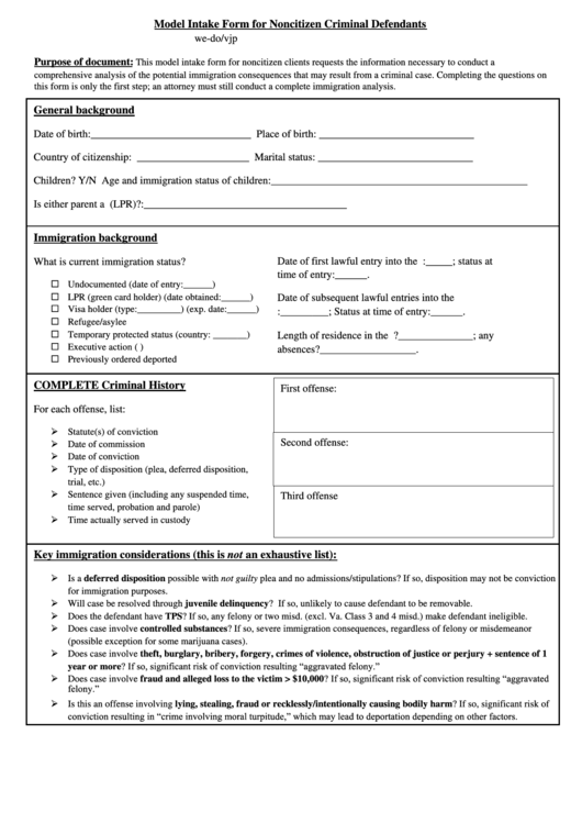 Model Intake Form For Noncitizen Criminal Defendants Printable pdf