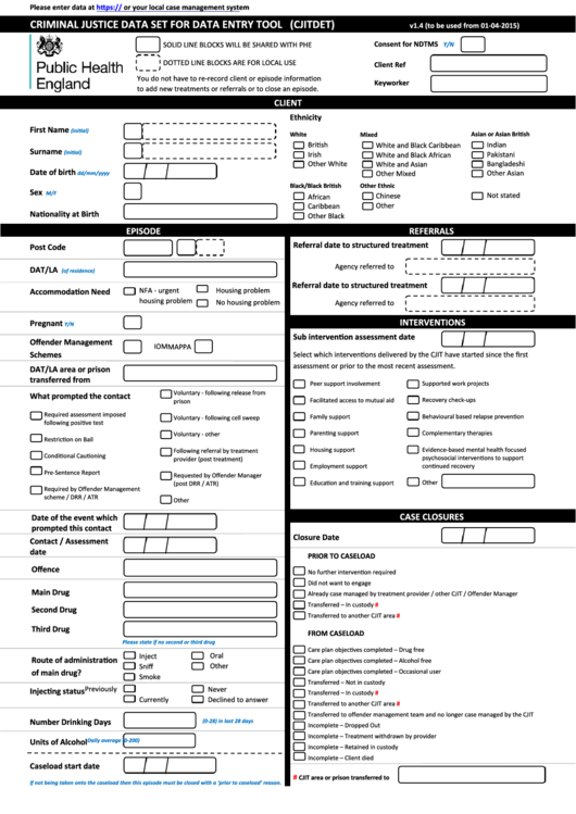 Criminal Justice Data Set For Data Entry Tool (Cjitdet) - England Public Health Printable pdf
