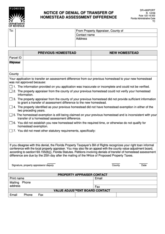 Form Dr-490port - Notice Of Denial Of Transfer Of Homestead Assessment Difference Printable pdf