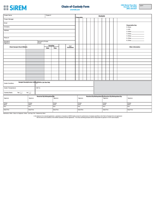 Fillable Chain-Of-Custody Form - Laboratory Services Agreement Printable pdf