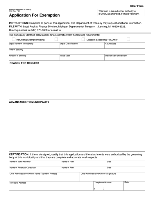 Fillable Form 1432 - Application For Exemption - Michigan Department Of Treasury Printable pdf