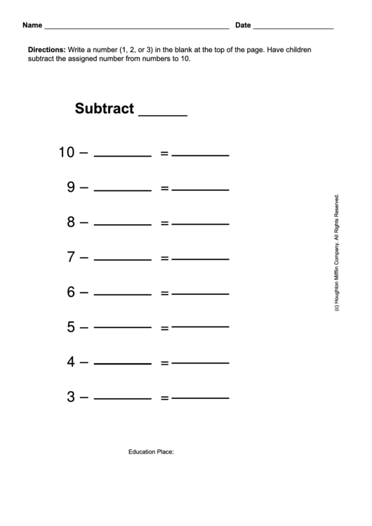 Subtraction Worksheet Printable pdf