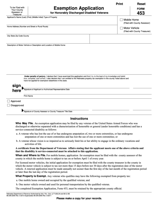 Form 453- Exemption Application For Honorably Discharged Disabled Veterans - Nebraska Department Of Revenue