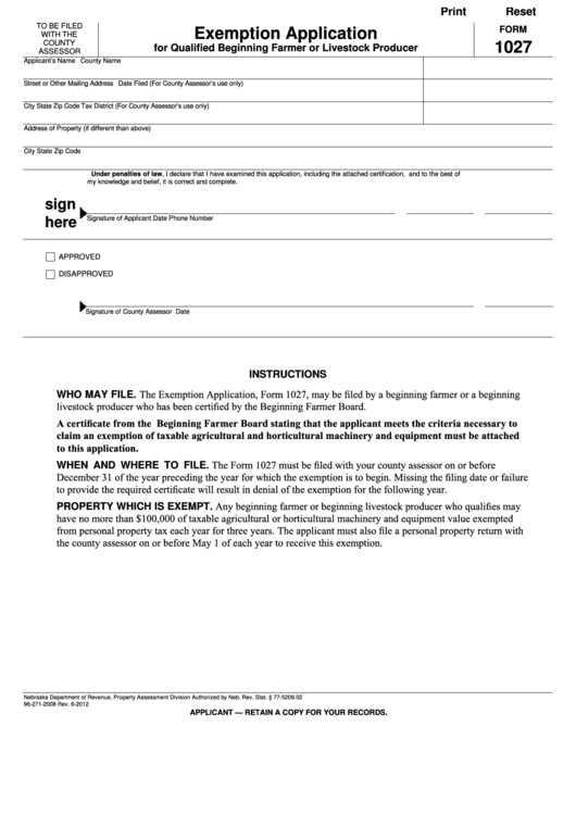Fillable Form 1027 - Exemption Application For Qualified Beginning Farmer Or Livestock Producer - Nebraska Department Of Revenue Printable pdf