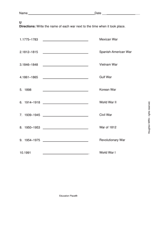 U.s. Wars Matchup Worksheet Printable pdf