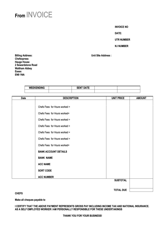 Invoice For A Self Employed Worker Printable pdf