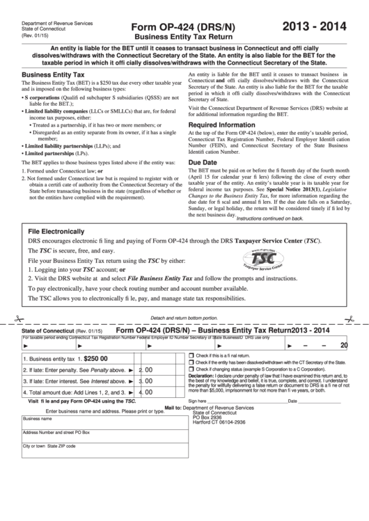 Form Op-424 (Drs/n) - Business Entity Tax Return - Connecticut Department Of Revenue - 2013-2014 Printable pdf