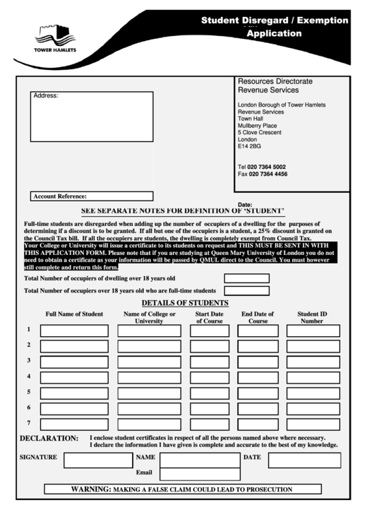 Student Disregard / Exemption Application - London Borough Of Tower Hamlets Printable pdf