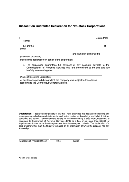 Form Au-798 - Dissolution Guarantee Declaration For Non-Stock Corporations Printable pdf