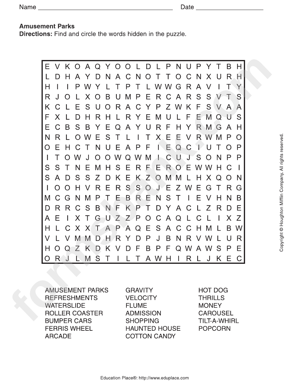 Amusement Parks Word Search Puzzle Worksheet printable pdf download