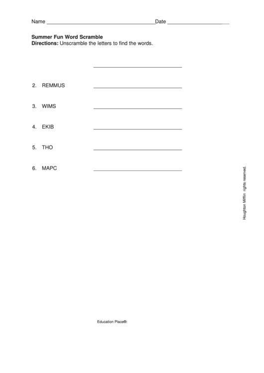 Summer Fun Word Scramble Worksheet Printable pdf