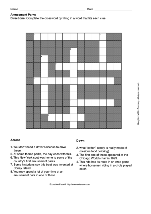 Amusement Parks Cross Word Puzzle Template Printable pdf