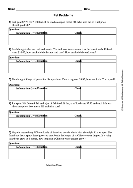 Pet Problems Math Worksheet printable pdf download
