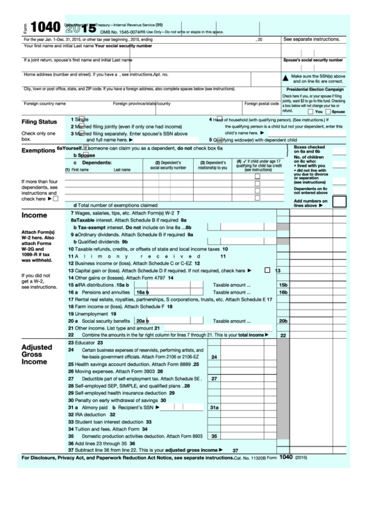 Fillable Form 1040 U s Individual Income Tax Return 2015 Printable 
