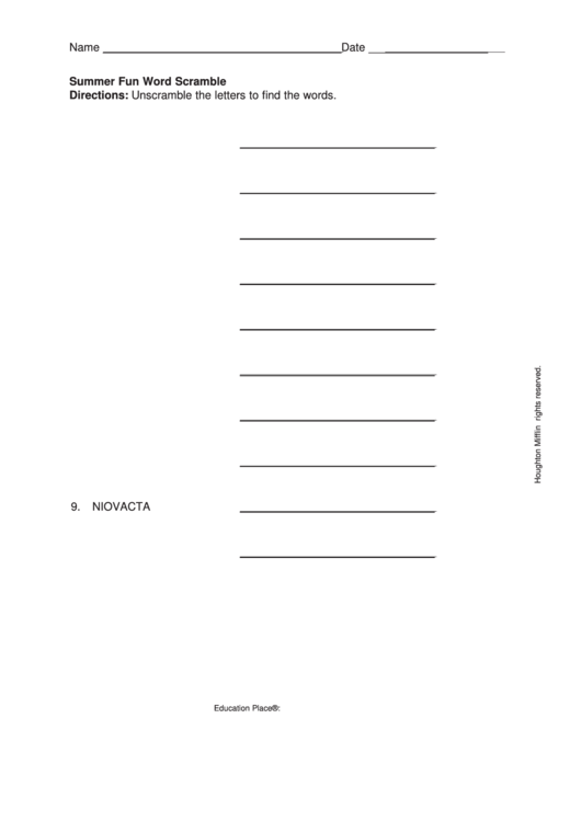 Summer Fun Word Scramble Worksheet Printable pdf