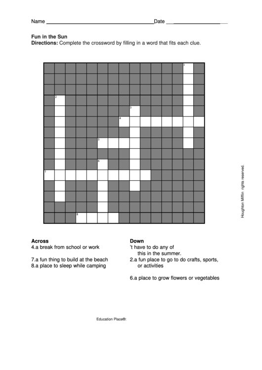 Fun In The Sun Cross Word Puzzle Template Printable pdf