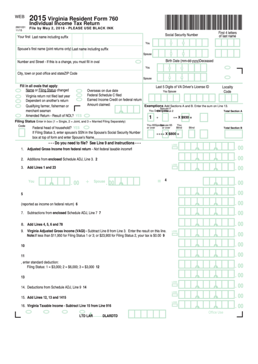 Fillable Form 760 - Individual Income Tax Return - 2015 Printable pdf