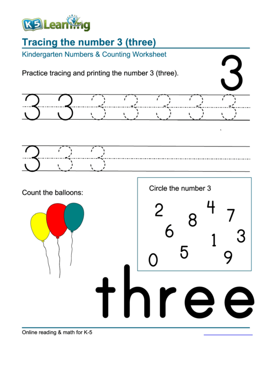 Kindergarten Numbers & Counting Worksheet - Number 3 Printable pdf