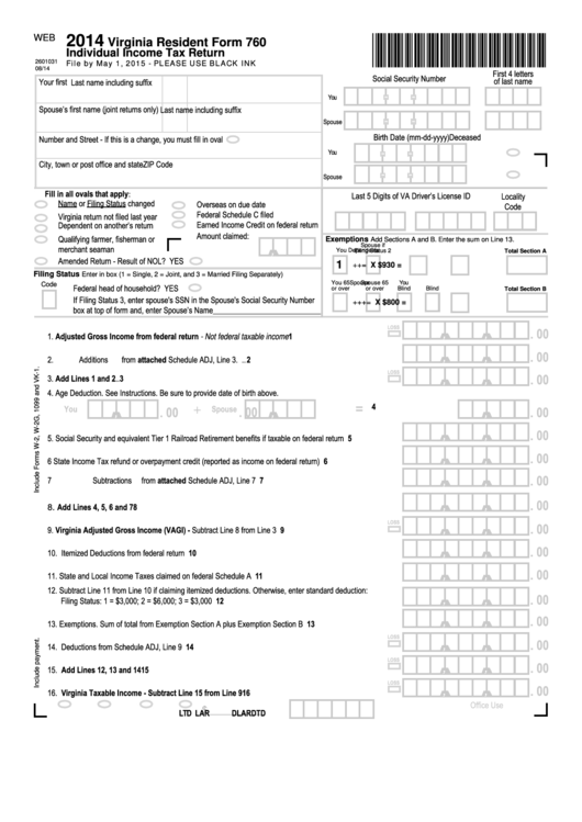Fillable Form 760 - Individual Income Tax Return - 2014 Printable pdf