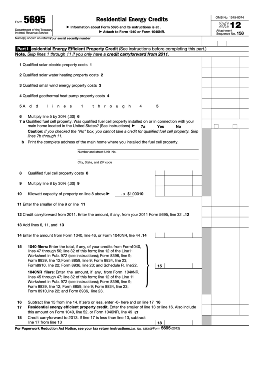 Fillable Form 5695 - Residential Energy Credits - 2012 Printable pdf