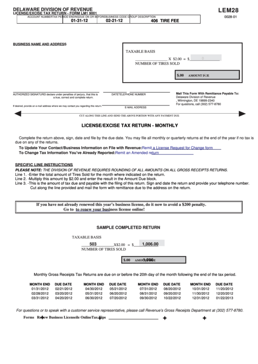 Fillable Form Lem28 - License/excise Tax Return - 2012 Printable pdf