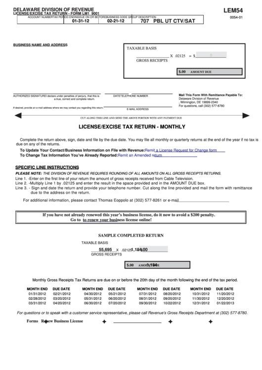 Fillable Form Lm1 9001 - License/excise Tax Return - 2012 Printable pdf