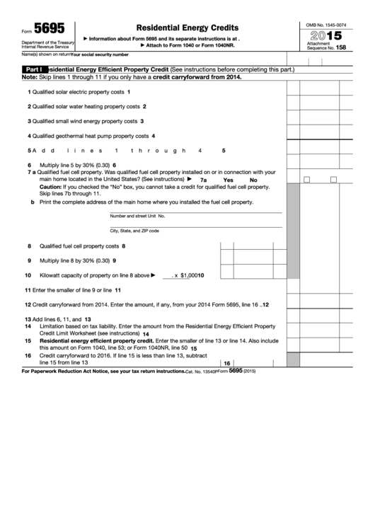 Fillable Form 5695 - Residential Energy Credits - 2015 Printable pdf