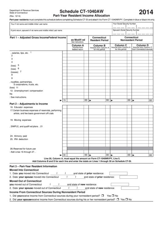 Fillable Schedule Ct-1040aw - Part-Year Resident Income Allocation - Connecticut Department Of Revenue - 2014 Printable pdf