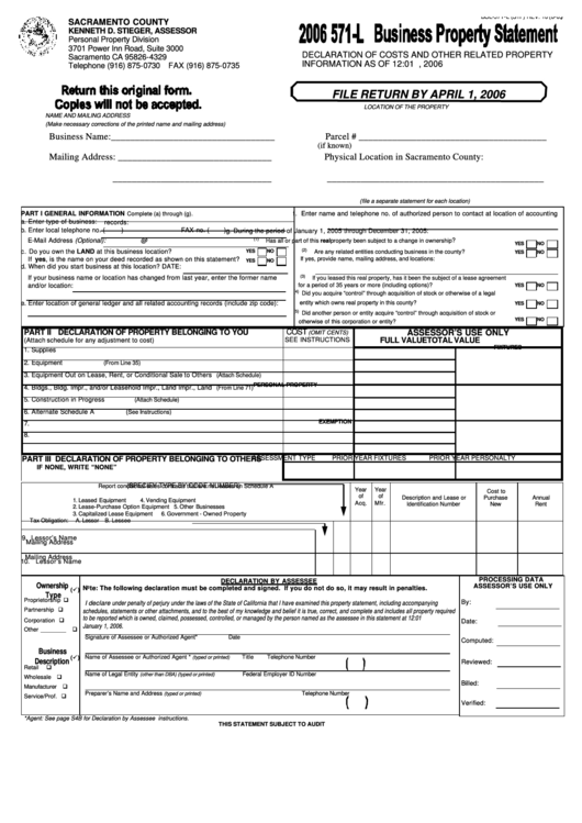 Form Boe-571-L - Business Property Statement - 2006 Printable pdf