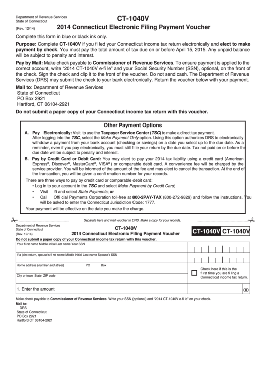 Form Ct-1040v - Connecticut Electronic Filing Payment Voucher - 2014 Printable pdf