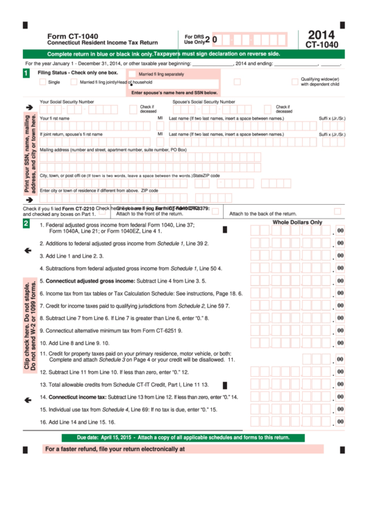 Fillable Form Ct-1040 - Connecticut Resident Income Tax Return - 2014 Printable pdf