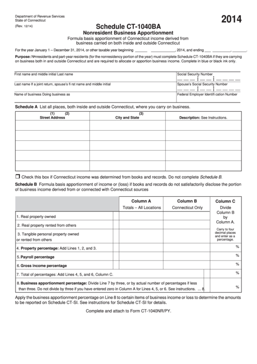 Fillable Schedule Ct-1040ba - Nonresident Business Apportionment - Connecticut Department Of Revenue - 2014 Printable pdf