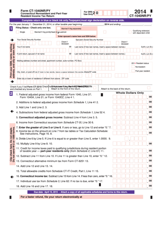 Fillable Form Ct-1040nr/py - Connecticut Nonresident And Part-Year Resident Income Tax Return - 2014 Printable pdf