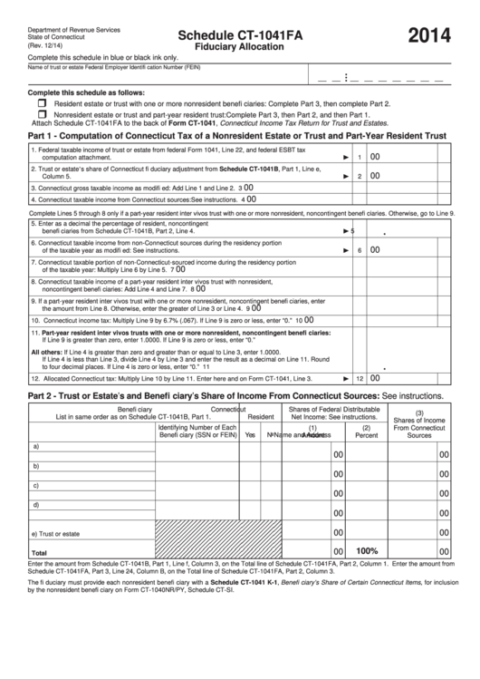 Schedule Ct-1041fa - Fiduciary Allocation - Connecticut Department Of Revenue - 2014 Printable pdf
