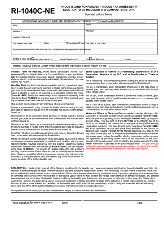Form Ri-1040c-Ne - Rhode Island Nonresident Income Tax Agreement/ Election To Be Included In A Composite Return Printable pdf