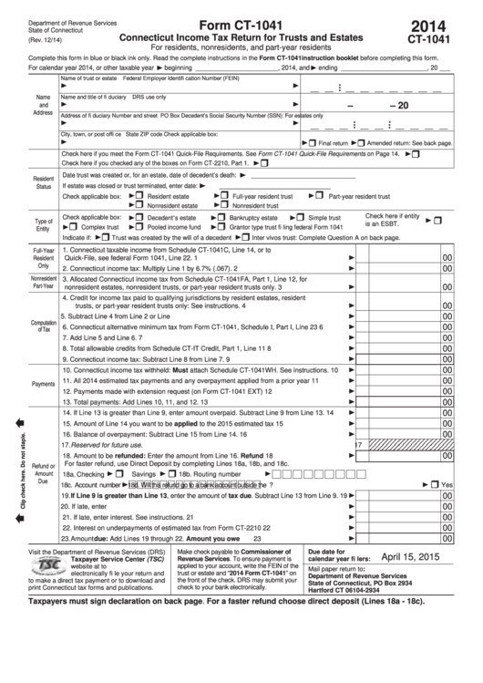 Form Ct-1041 - Connecticut Income Tax Return For Trusts And Estates - 2014 Printable pdf