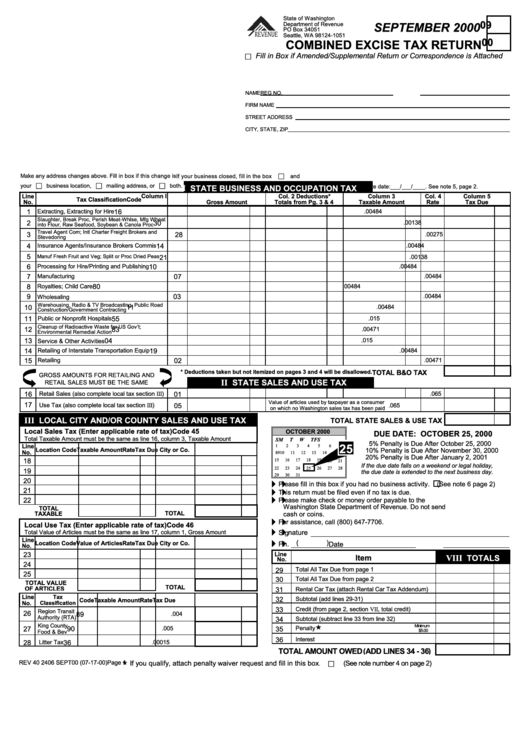 Combined Excise Tax Return - September 2000 Printable pdf