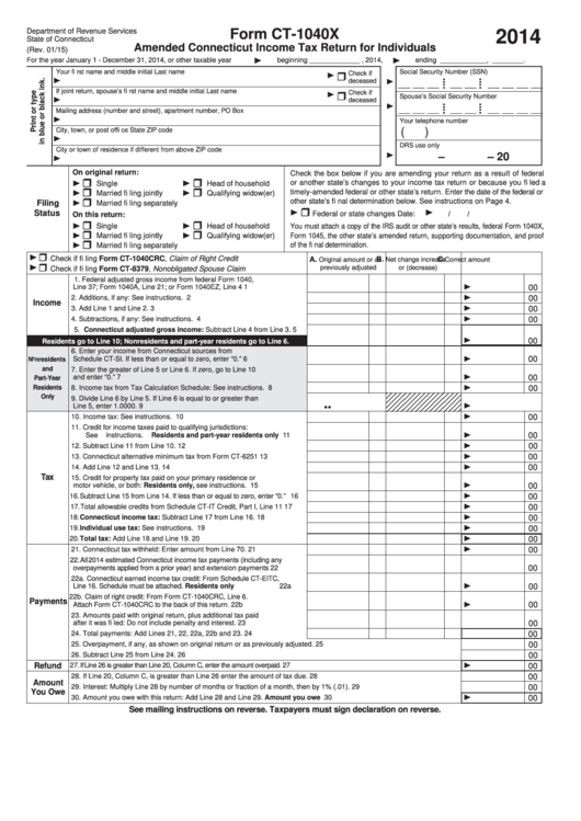 Form Ct-1040x - Amended Connecticut Income Tax Return For Individuals - 2014 Printable pdf
