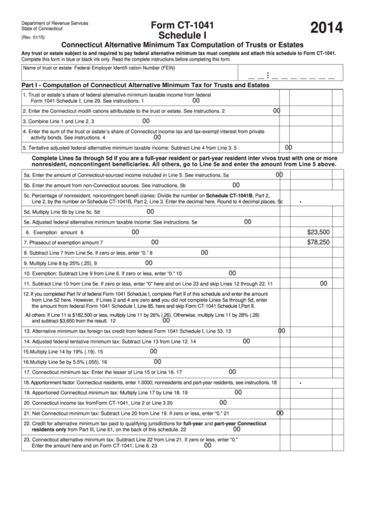 Form Ct-1041 Schedule I - Connecticut Alternative Minimum Tax Computation Of Trusts Or Estates - 2014 Printable pdf
