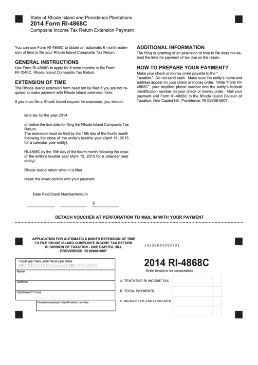 Fillable Form Ri-4868c - Composite Income Tax Return Extension Payment - 2014 Printable pdf