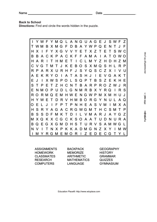 Back To School Word Search Puzzle Template printable pdf download