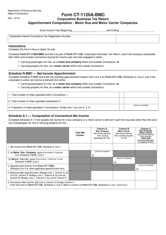 Form Ct-1120a-Bmc - Corporation Business Tax Return - Apportionment Computation - Motor Bus And Motor Carrier Companies Printable pdf