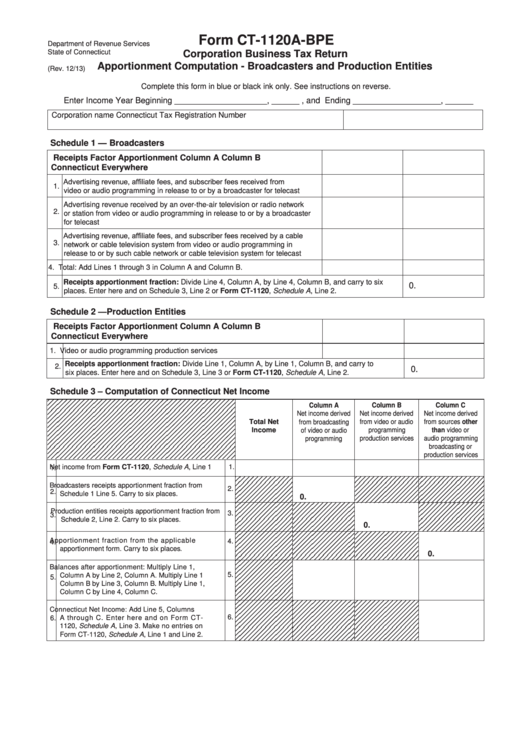 Form Ct-1120a-Bpe - Corporation Business Tax Return - Apportionment Computation - Broadcasters And Production Entities Printable pdf