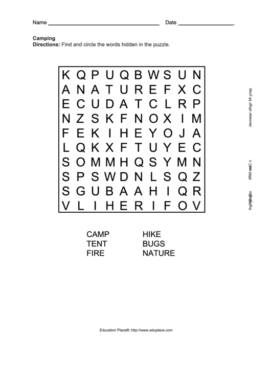 Camping Word Search Puzzle Template printable pdf download