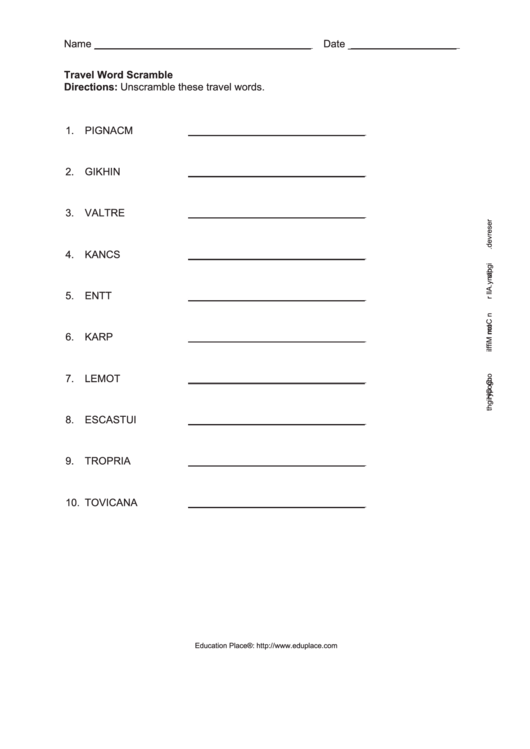 Travel Word Scramble Worksheet Printable pdf