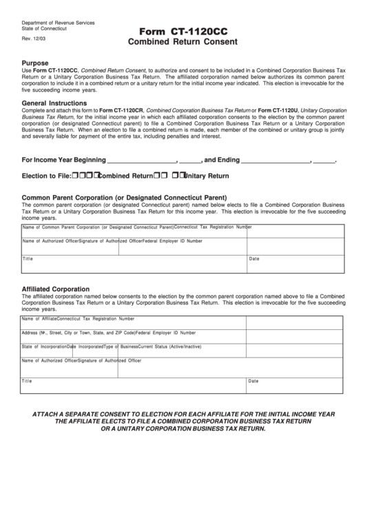 Form Ct-1120cc - Combined Return Consent - Connecticut Department Of Revenue Printable pdf
